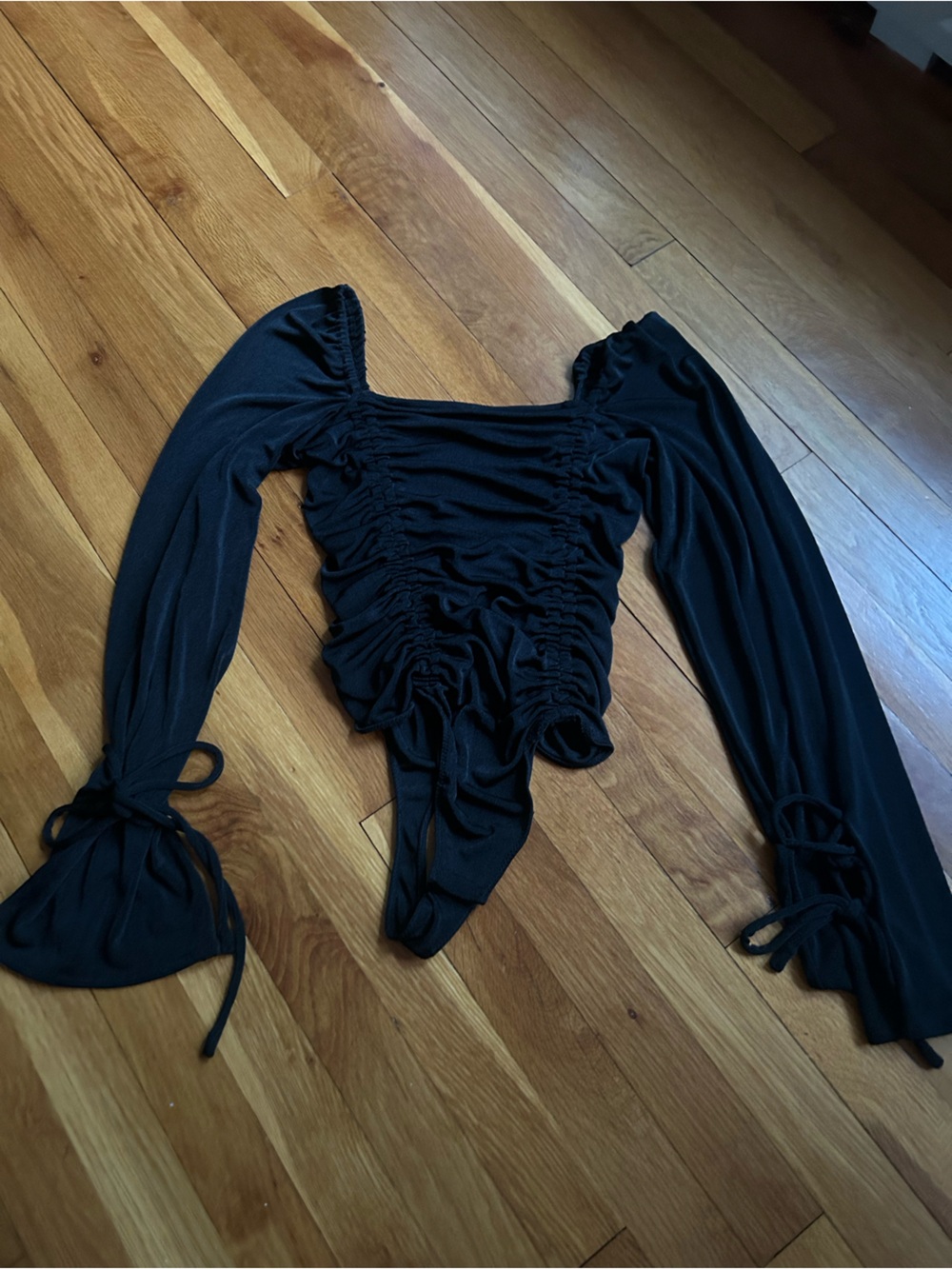 Free People Black Ruched Square-Neck Long Sleeve Bodysuit